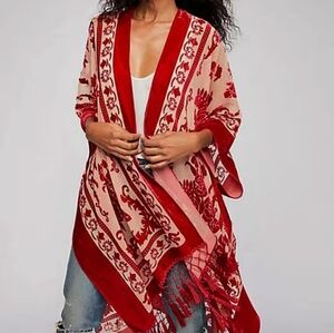 NWOT Free People Kimono Y2K Holiday Sheer Velvet Burnout Floral Duster Red Boho